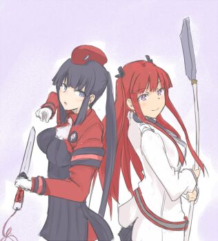 2girls aty_(summon_night) character_request half_updo holding holding_weapon marshall_k multiple_girls panties red_hair ribbed_panties ribbed_sleeves ribbed_sweater summon_night summon_night_5 sweater weapon