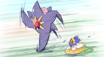 blush_stickers cape crossover formula_star full_body gen_1_pokemon highres kirby kirby_(series) kirby_air_ride kirby_air_riders kurachi_mizuki looking_at_another magolor mega_pokemon mega_starmie motion_lines nintendo no_humans pokemon pokemon_(creature) pokemon_legends:_z-a running speed_lines starmie |_|