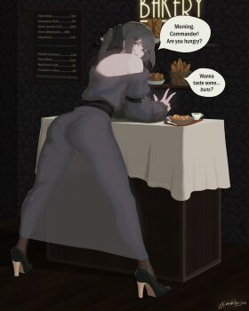 1girl absurdres artist_name ass baguette black_dress black_hair black_shoes bread brown_eyes commentary croissant cup dandelion_(girls&#039;_frontline) dress english_commentary food full_body girls&#039;_frontline girls&#039;_frontline_2:_exilium high_heels highres long_hair looking_at_viewer looking_back nishibuya open_mouth shoes solo standing teeth upper_teeth_only