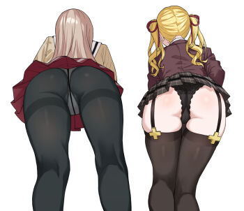 2girls ass black_panties black_pantyhose black_thighhighs blonde_hair cameltoe from_behind from_below furen_e_lustario furen_e_lustario_(school_uniform) furuno_(furuno132nw) garter_straps highres hoshikawa_sara hoshikawa_sara_(4th_costume) kneepits lace lace_panties legs lingerie long_hair multiple_girls nijisanji panties panties_under_pantyhose pantyhose pleated_skirt school_uniform skirt thighhighs twintails underwear upskirt virtual_youtuber