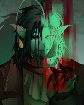 Rule 34 | 1boy, anglerfish boy, ascot, black hair, black sclera, blood, blood on face, blood on hands, blue eyes, br not here, brown coat, claws, coat, colored sclera, commentary, english commentary, extra eyes, fangs, fins, fish boy, hand up, head fins, heart (organ), highres, holding, holding heart (organ), illicium, looking at viewer, male focus, monster boy, pressure (roblox), sebastian solace, short hair, skin fangs, solo, upper body