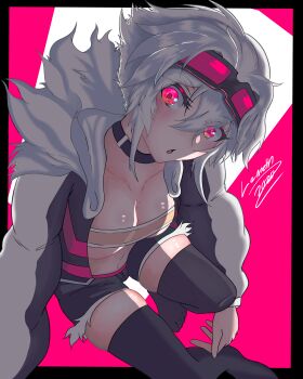 1girl borrowed_character full_body grey_hair highres niwamaru_(niwarhythm) original pink_eyes shorts solo thighhighs