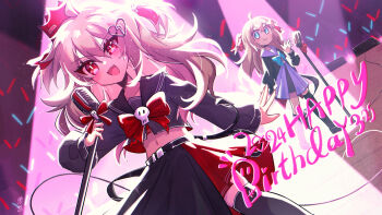 2girls ahoge aqua_bow aqua_bowtie audience black_sailor_collar black_serafuku black_skirt blue_eyes blue_sailor_collar bow bowtie broken broken_heart broken_heart_hair_ornament brown_hair commentary_request concert cropped_shirt crown dutch_angle evil_neuro-sama glowstick hair_between_eyes hair_ribbon hand_up happy_birthday heart highres holding holding_microphone_stand lingyou long_hair microphone microphone_stand multiple_girls navel neuro-sama open_mouth outdoors red_bow red_bowtie red_crown red_eyes red_ribbon ribbon sailor_collar school_uniform serafuku siblings sisters skirt stage stage_lights twins two_side_up vedal_ai virtual_youtuber