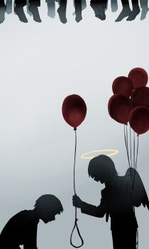 2boys 6+others absurdres angel angel_wings avogado6 balloon barefoot commentary dangling english_commentary feathered_wings feet formal_clothes grey_background halo hanging_legs highres holding holding_balloon lapels looking_at_another male_focus multiple_boys multiple_others noose original profile short_hair simple_background suicide suit symbolism traditional_halo wings