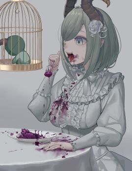 1girl absurdres birdcage blood blood_on_clothes blood_on_face blue_eyes bob_cut bow bowtie breasts brown_horns cage cannibalism center_frills cowboy_shot curled_horns demon_girl demon_horns dress eating eyepatch flower fork frilled_dress frilled_sleeves frills futayamam2 grey_background guro hair_flower hair_ornament heart heart_(organ) highres holding holding_fork horns large_breasts lolita_fashion nanashi_inc. open_mouth pointy_ears purple_blood rose sekishiro_mico short_hair solo table tablecloth virtual_youtuber white_bow white_bowtie white_dress white_flower white_rose