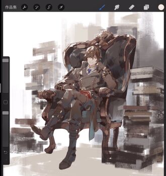 1boy black_gloves black_hair blue_necktie book book_stack boots chair closed_mouth code_vein crossed_legs gloves hair_over_one_eye loladestiny male_focus necktie open_book red_eyes resting sitting sketch solo