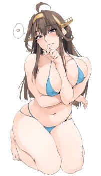 1girl ahoge arm_between_breasts arm_under_breasts bikini blue_bikini blush breasts brown_hair grey_eyes hair_bun hair_ornament hairband headgear heart highres kantai_collection kneeling kongou_(kancolle) kongou_kai_ni_(kancolle) large_breasts leaning_forward long_bangs long_hair looking_at_viewer midriff navel smile spoken_heart stomach swimsuit teeth thick_thighs thighs white_background