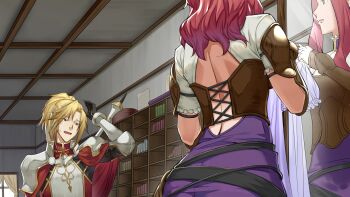 1boy 1girl arm_armor arm_up armor back backless_outfit black_gloves blonde_hair bookshelf brown_corset brown_eyes cape corset dress full-length_mirror game_cg gloves green_eyes head_tilt highres holding holding_unworn_clothes holding_unworn_dress indoors kitamura_motoyasu malty_s_melromarc medium_hair mirror non-web_source official_art open_mouth purple_dress red_cape red_hair reflection shoulder_armor sidelocks sweat tate_no_yuusha_no_nariagari tate_no_yuusha_no_nariagari_rise teeth trying_on_clothes unworn_dress upper_teeth_only weapon weapon_on_back window