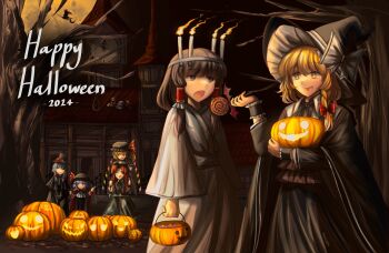 6+girls alice_margatroid alternate_costume alternate_headwear backlighting bare_tree bat_wings black_capelet black_dress black_gloves black_hat black_ribbon blonde_hair blue_hair book bow braid brown_eyes brown_hair building candle candy cape capelet carrying clock clock_tower closed_eyes commentary crystal dress english_commentary english_text eye_contact fire flandre_scarlet flower food frilled_hair_tubes frills full_moon gloves hair_bow hair_tubes hakurei_reimu halloween halloween_costume happy_halloween hashihime hat hat_bow hat_flower hat_ornament hat_ribbon head_wings highres holding holding_candy holding_food holding_lollipop hong_meiling izayoi_sakuya jack-o'-lantern japanese_clothes kimono kirisame_marisa koakuma lollipop long_hair long_sleeves looking_at_another mima_(touhou) mixed-language_commentary mob_cap moon multicolored_wings multiple_girls neck_ribbon night no_hair_bow noose on_roof one_side_up open_mouth own_hands_together patchouli_knowledge patchwork_clothes patchwork_skin pointing pumpkin red_bow red_cape red_eyes red_flower red_hair red_rose remilia_scarlet ribbon rose shadow shoes shoulder_carry siblings side_braid side_ponytail single_braid sisters sky smile staff staff_riding star_(symbol) star_hat_ornament stitched_face stitches sweatdrop there2007 top_hat touhou touhou_(pc-98) tower tree twin_braids white_kimono wide_sleeves wings witch witch_hat wrist_cuffs yellow_eyes zombie