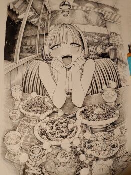 1girl 2boys bare_shoulders blush bob_cut booth_seating breasts brick_wall cleavage cup diner drinking_glass eyelashes fisheye food fork french_fries frills glass greyscale hatching_(texture) highres hirune_(imomonono) indoors ink_pen looking_at_viewer menu monochrome multiple_boys nib_pen_(medium) nib_pen_(object) open_mouth original pasta pen pen_(medium) photo_(medium) pov reflection short_hair sitting slit_pupils solo_focus spaghetti steam striped table teacup teeth tongue traditional_media upper_teeth_only