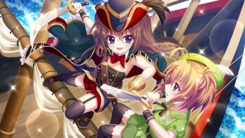 2girls ahoge armpit_crease ascot belt beret black_belt black_bow black_feathers black_garter_straps black_leotard black_thighhighs black_wrist_cuffs blue_eyes bow breasts brown_hair buttons captain_hook captain_hook_(cosplay) cleavage coat coat_on_shoulders cosplay cutlass dot_nose double-breasted fang feathers film_grain game_cg garter_straps green_coat green_hat green_shorts green_tunic hair_between_eyes hat hat_feather holding holding_sword holding_weapon hook_hand izumi_tsubasu lens_flare leotard mast medium_breasts multiple_girls non-web_source ocean official_art open_mouth orange_hair peter_pan_(character)_(cosplay) peter_pan_(novel) peter_pan_(novel_character) pirate pirate_costume pirate_hat profile re:stage! red_ascot shikimiya_aone shikimiya_mana ship ship&#039;s_wheel short_hair short_sleeves shorts siblings single_wrist_cuff sisters small_breasts smile sparkle strapless strapless_leotard sword sword_fight thighhighs tunic watercraft weapon white_feathers wire wrist_cuffs