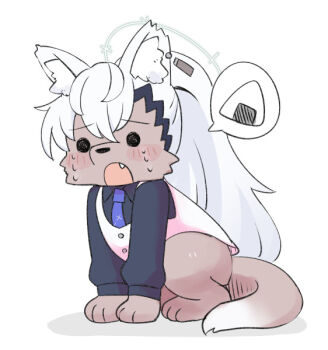 animal_ear_fluff animalization black_shirt blue_archive blue_necktie blush_stickers collared_shirt crying crying_with_eyes_open dog fang food full_body haine_(blue_archive) halo long_hair miranofuudoria necktie no_humans onigiri open_mouth shadow shirt simple_background spoken_food tears very_long_hair vest white_background white_hair white_vest