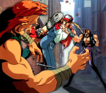 Rule 34 | 1990s (style), 1993, 3boys, bandages around arms, baseball cap, blonde hair, blood, brown hair, chain, denim, fatal fury, fatal fury 2, fight, fighting, fingerless gloves, gloves, hat, jacket, jeans, kicking, knife, mohawk, multiple boys, oobari masami, orange hair, pants, punk, retro artstyle, terry bogard