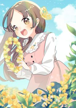 Rule 34 | :d, absurdres, blue sky, blurry, blush, brown eyes, brown hair, bug, butterfly, buttons, cloud, cloudy sky, collared shirt, commentary request, depth of field, dress, dutch angle, field, flipped hair, floral print, flower, flower field, forehead, frilled shirt collar, frills, from below, gakuen idolmaster, glowing butterfly, head wreath, highres, holding, holding flower, idolmaster, insect, kuramoto china, layered clothes, long sleeves, looking back, open mouth, oyasumi makura, parted bangs, pinafore dress, pink dress, raised eyebrows, shirt, short eyebrows, sky, sleeve cuffs, sleeveless, sleeveless dress, smile, teeth, upper teeth only, white shirt, yellow butterfly, yellow flower