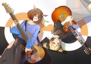 2girls absurdres alternate_costume arknights bass_guitar black_shirt black_skirt blonde_hair blue_shirt brown_hair commentary electric_guitar english_commentary feather_hair glasses guitar highres holding holding_instrument horns ifrit_(arknights) instrument long_skirt long_sleeves looking_at_viewer multiple_girls music naoel_(naoel_art) orange_eyes playing_instrument rhine_lab_logo shirt short_hair silence_(arknights) skirt smile sweater twintails yellow_eyes