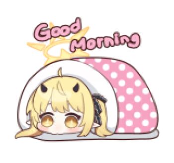 1girl animated animated_png blonde_hair blue_archive chibi chibi_only english_text futon good_morning halo ibuki_(blue_archive) line_sticker_available lowres non-repeating_animation non-web_source official_art simple_background solo transparent_background under_covers yellow_eyes