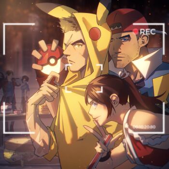 Rule 34 | 1girl, 2boys, absurdres, ash ketchum, ash ketchum (cosplay), beard stubble, blue eyes, brother and sister, brown eyes, brown hair, chris redfield, claire redfield, cloak, cosplay, facial hair, gen 1 pokemon, halloween costume, high ponytail, highres, holding, holding poke ball, hood, hood up, hooded cloak, imagine (imagine7243618), looking at viewer, multiple boys, nintendo, piers nivans, pikachu, pikachu (cosplay), poke ball, pokemon, ponytail, recording, resident evil, resident evil 6, scar, scar on face, siblings, sidelocks, smile, stubble, v