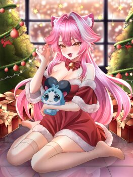 1girl absurdres alternate_costume animal_ears arm_up bare_shoulders bell blush breasts cat_ears cat_girl cat_tail chattino_(raora_panthera) christmas christmas_tree cleavage decorations detached_sleeves dress fang feet gift hashtag-only_commentary highres holding holding_own_hair hololive hololive_english large_breasts light_particles long_hair looking_at_viewer multicolored_hair neck_bell neck_ribbon on_floor open_mouth pink_hair raora_panthera reflection ribbon santa_costume santa_dress shinraizuku sitting smile snowing solo streaked_hair tail thighhighs thighs wariza white_thighhighs window yellow_eyes