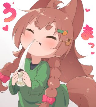 1girl ^_^ ahoge animal_ears blush braid brown_hair carrot_hair_ornament closed_eyes closed_mouth commentary_request dog_ears dog_girl dog_tail eating facing_viewer fang fang_out food food-themed_hair_ornament food_on_face food_request gradient_background green_shirt grey_background hair_ornament hairclip highres holding holding_food horse_hair_ornament long_hair long_sleeves makuran momiji_(makuran) original shirt short_eyebrows sleeves_past_wrists solo tail thick_eyebrows twin_braids very_long_hair white_background