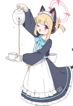 1girl ;d absurdres ame_miya_ta animal_ear_headphones animal_ears apron aqua_bow aqua_bowtie back_bow black_dress blue_archive blunt_bangs blush bow bowtie cat_ear_headphones cat_ears cat_tail collared_dress commentary contrast_collar cup decantering dress failure fake_animal_ears fake_tail frilled_apron frilled_dress frills hair_bow halo headphones highres holding holding_saucer holding_teapot long_sleeves looking_at_viewer maid_headdress momoi_(blue_archive) momoi_(maid)_(blue_archive) number_print official_alternate_costume official_alternate_hairstyle one_eye_closed open_mouth pantyhose pink_eyes pink_halo pouring puffy_long_sleeves puffy_sleeves red_bow saucer short_hair short_twintails sidelocks simple_background smile solo sparkle tail tea teacup teapot twintails v-shaped_eyebrows white_apron white_background white_bow white_headdress white_pantyhose you're_doing_it_wrong