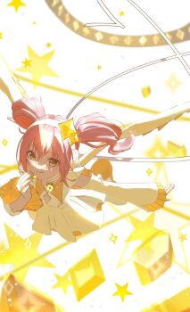 Rule 34 | 1girl, absurdres, amulet dia, bad id, bad twitter id, bare shoulders, closed mouth, coattails, collared dress, commentary, detached sleeves, diamond (shape), diamond hair ornament, dot nose, dress, flying, frilled sleeves, frills, full body, hair between eyes, hand on own chest, happy, headphones, headset, highres, hinamori amu, humpty lock (shugo chara!), light blush, light particles, long hair, long sleeves, lsesrne, magical girl, pink hair, pleated dress, short dress, shugo chara!, sleeveless, sleeveless dress, sleeves past wrists, smile, solo, star (symbol), star symbol background, tareme, twintails, wavy hair, white background, yellow dress, yellow eyes, yellow sleeves, yellow theme