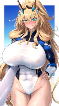 1girl abs absurdres barghest_(fate) barghest_(over_the_same_sky)_(fate) blonde_hair blue_wetsuit blush breasts fate/grand_order fate_(series) green_eyes highleg highres horns huge_breasts long_hair long_sleeves looking_at_viewer multicolored_wetsuit muscular muscular_female ponytail revision shiroshisu solo thighs wet white_wetsuit