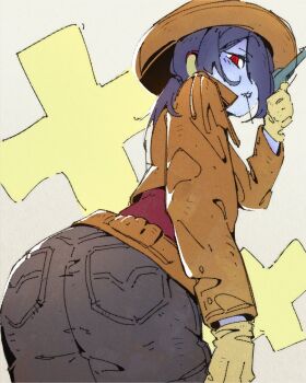 1girl alternate_costume ass blue_hair blue_skin bubene colored_skin cowboy_hat denim gloves grey_background gun hair_over_one_eye handgun hat holding holding_gun holding_weapon jacket jeans leather leather_gloves leather_jacket looking_at_viewer looking_back pants red_eyes revolver skullgirls solo squigly_(skullgirls) toothpick weapon zombie