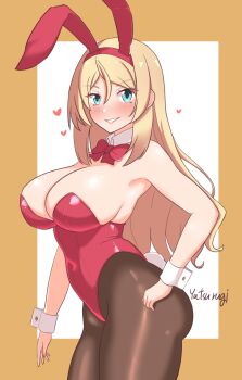 Rule 34 | 1girl, alternate costume, animal ears, black pantyhose, blonde hair, blue eyes, bow, bowtie, breasts, commentary, detached collar, fake animal ears, from side, hairband, highleg, highleg leotard, highres, kantai collection, large breasts, leotard, long hair, looking at viewer, nelson (kancolle), pantyhose, playboy bunny, rabbit ears, rabbit tail, red bow, red bowtie, red hairband, red leotard, smile, solo, strapless, strapless leotard, tail, traditional bowtie, very long hair, white wrist cuffs, wrist cuffs, yatsurugi
