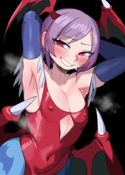 0lightsource animal_print armpit_crease armpits bat_print bat_wings blue_pantyhose blush bridal_gauntlets clothing_cutout demon_girl diamond_cutout grin head_wings highleg highleg_leotard highres leotard lilith_(darkstalkers) off-shoulder_leotard pantyhose print_pantyhose purple_hair red_eyes red_leotard smile steam steaming_body sweat wings