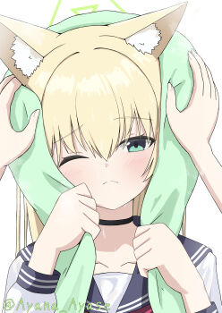 1girl 1other ;( absurdres after_bathing animal_ear_fluff ayana_ayase black_sailor_collar blonde_hair blue_archive blush closed_mouth collarbone commentary_request drying drying_hair eyes_visible_through_hair frown furrowed_brow green_eyes green_halo hair_between_eyes hair_down halo hands_up highres kurumi_(blue_archive) long_hair long_sleeves looking_at_viewer pov pov_hands sailor_collar school_uniform serafuku shirt simple_background solo_focus split_mouth towel towel_on_head wet white_background white_shirt