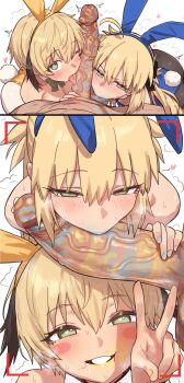 1boy 2girls 2koma absurdres animal_ears artoria_caster_(fate) artoria_pendragon_(fate) blonde_hair blue_lips blue_nails close-up comic cooperative_fellatio ebora fake_animal_ears fate/grand_order fate_(series) fellatio gareth_(fate) green_eyes heart heart-shaped_pupils hetero highres huge_penis kissing_penis lipstick lipstick_mark lipstick_mark_on_penis lipstick_ring looking_at_viewer makeup multiple_girls oral penis rabbit_ears selfie smeared_lipstick smile stray_pubic_hair symbol-shaped_pupils teamwork_(sexual) uncensored v veins veiny_penis viewfinder yellow_lips yellow_nails