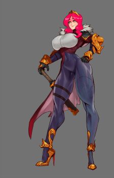 Rule 34 | 1girl, 2022, armor, blue bodysuit, bodysuit, breasts, cape, commentary, covered erect nipples, english commentary, female focus, full body, fur-trimmed cape, fur trim, gold shoes, green eyes, grey background, hair over shoulder, hand on own hip, highres, jankojaro, large breasts, long hair, looking at viewer, original, parted bangs, pauldrons, pink hair, red cape, scabbard, sheath, sheathed, shoes, shoulder armor, simple background, smile, solo, standing, stiletto, thick thighs, thighs, tiara