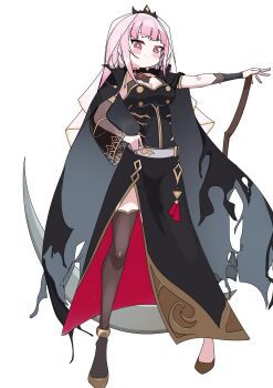 1girl absurdres belt black_cape black_thighhighs blunt_bangs blush_stickers breasts cape cleavage commentary detached_sleeves full_body hand_on_own_hip hashtag-only_commentary highres hololive hololive_english large_breasts legs_apart long_hair looking_at_viewer mori_calliope mori_calliope_(1st_costume) pink_hair red_eyes ritu_il scythe shoulder_spikes side_slit simple_background single_detached_sleeve single_thighhigh smile solo spikes standing thighhighs tiara veil virtual_youtuber white_background white_belt wide_sleeves