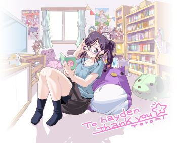 Rule 34 | 1girl, absurdly detailed composition, adjusting eyewear, ahoge, artist name, black skirt, blue eyes, blue shirt, blue shorts, blue socks, book, bookshelf, borrowed character, breasts, closed mouth, collarbone, commentary request, commission, commissioner name, earrings, figure, full body, glasses, hair ornament, hair ribbon, hairclip, highres, holding, holding book, indoors, jewelry, loaded interior, looking at viewer, medium hair, nail polish, no shoes, original, otaku, otaku room, pink-framed eyewear, pink nails, pink ribbon, pleated skirt, ponytail, poster (object), purple hair, ribbon, semi-rimless eyewear, shirt, short sleeves, shorts, shorts under skirt, sitting, skeb commission, skirt, smile, socks, solo, stud earrings, stuffed animal, stuffed dog, stuffed toy, teddy bear, thank you, toromi (toromix2), trash can, under-rim eyewear, used tissue