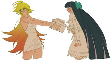 2girls blonde_hair dress gift guru.zong hashtag-only_commentary highres long_hair looking_at_another multiple_girls panty_&amp;_stocking_with_garterbelt panty_(psg) purple_hair stocking_(psg) white_dress