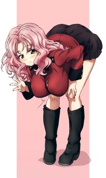 1girl absurdres black_boots black_skirt blush boots border breasts erakin girls_und_panzer hand_on_own_knee highres knee_boots large_breasts leaning_forward letterboxed long_hair looking_at_viewer nail_polish peach_(girls_und_panzer) pink_background pink_eyes pink_hair pink_nails signature skirt smile solo st._gloriana&#039;s_military_uniform waving wavy_hair white_border