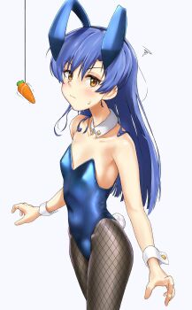 1girl absurdres animal_ear_hairband animal_ears blue_hair blue_leotard blush breasts brown_eyes brown_pantyhose carrot closed_mouth covered_navel cowboy_shot detached_collar fake_animal_ears fishnet_pantyhose fishnets hairband highres idolmaster idolmaster_(classic) kisaragi_chihaya leotard long_hair looking_at_viewer nii_niip pantyhose playboy_bunny rabbit_ear_hairband rabbit_ears rabbit_tail simple_background small_breasts solo standing strapless strapless_leotard sweatdrop tail white_background white_wrist_cuffs wrist_cuffs