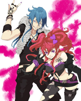 2girls \m/ \n/ animal_print belt blue_hair bow bracelet buckle corset couple ear_piercing fashion ginsyari gloves hair_ornament hairclip heart jacket jewelry kishiwada_robin long_hair multiple_girls original piercing ponytail purple_eyes red_hair ring skirt smile tattoo thighhighs vest visual_kei