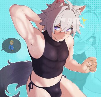 1boy ahoge animal_ears armpits bishounen blush bulge cat_boy cat_ears cat_tail champchidi commentary cum cum_on_armpit cum_on_body cum_on_upper_body dotted_background english_commentary grey_hair hair_between_eyes highres male_focus male_pregnancy midriff navel purple_eyes seth_lowell tail tank_top toned toned_male zenless_zone_zero zoom_layer