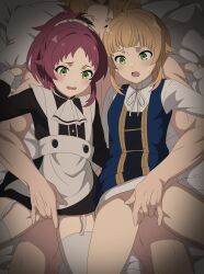 1boy 2girls absurdres aisha_greyrat black_dress blonde_hair blue_dress brother_and_sister censored dress eufoniuz fingering garter_straps green_eyes hetero highres incest loli long_sleeves maid mosaic_censoring multiple_girls mushoku_tensei norn_greyrat open_mouth pinafore_dress ponytail red_hair rudeus_greyrat shimaidon_(sex) shirt short_hair siblings sisters sleeveless sleeveless_dress thighhighs white_shirt white_thighhighs