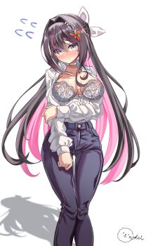 1girl absurdres alternate_costume arm_under_breasts azki_(hololive) black_hair black_pants blush bow bra breasts choker cleavage collared_shirt colored_inner_hair hair_bow highres hololive inokeiwd large_breasts looking_at_viewer mole mole_under_eye multicolored_hair pants pink_eyes pink_hair shirt solo streaked_hair underwear virtual_youtuber white_background white_bow white_bra white_choker white_hair white_shirt