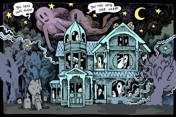 1girl :o absurdres angel black_border border building cloud commentary cool_colored crescent_moon curly_hair dark doorway english_text floating fog forest ghost ghost_girl graveyard hatching_(texture) highres hitodama house long_hair looking_at_viewer maria_capelle_frantz moon nature night night_sky original outdoors outside_border porch purple_sky scenery sky speech_bubble star_(sky) symbol-only_commentary tombstone tree window window_shutter