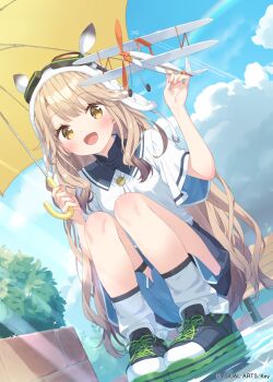 1girl :d absurdres aircraft anemoi aviator_cap bench blush cloud collared_shirt day dutch_angle fusaba_aino goggles goggles_on_headwear highres holding holding_umbrella kani_biimu long_hair looking_at_viewer loose_socks open_mouth outdoors second-party_source shirt shoes short_sleeves shorts sky smile socks solo squatting umbrella very_long_hair white_shirt white_socks yellow_eyes