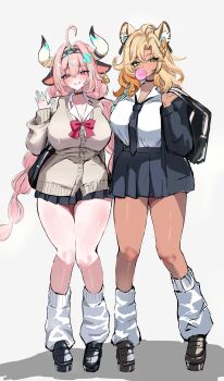 2girls absurdres ahoge animal_ear_fluff animal_ears aqua_hair b-shi bag bell black_cardigan black_shoes black_skirt blonde_hair blowing_bubble_gum blush braid breasts brown_shoes cardigan chewing_gum choker commentary_request cow_ears cow_girl cow_horns cowbell dark-skinned_female dark_skin full_body genshin_impact green_eyes grey_background hair_between_eyes hairband highres horns jaguar_ears jaguar_girl large_breasts leg_warmers loafers long_hair looking_at_viewer medium_hair multicolored_hair multiple_girls necktie open_cardigan open_clothes pink_hair purple_eyes red_ribbon ribbon school_bag school_uniform shirt shoes single_braid skirt smile streaked_hair twin_braids varesa_(genshin_impact) waving white_leg_warmers white_shirt xilonen_(genshin_impact) yellow_cardigan