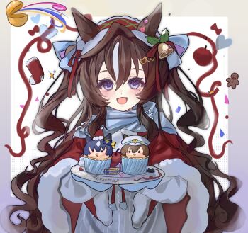 1girl animal_ears apple blue_eyes blue_scarf blush bow breasts brown_hair cape character-themed_food christmas christmas_stocking commentary_request cupcake dress food frilled_headband fruit fur_trim gingerbread_man gloves hair_between_eyes hair_bow headband heart highres holding holding_plate holly horse_ears horse_girl kk_(pixiv_83235599) long_hair looking_at_viewer mole mole_under_eye multicolored_hair open_mouth plate red_cape red_headband red_ribbon ribbon santa_costume scarf smile solo streaked_hair umamusume very_long_hair vivlos_(umamusume) white_dress