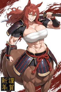 1girl abs animal_ears arm_up armor black_shrug breasts brown_hair budget_sarashi centaur chest_sarashi chinese_zodiac cleavage collarbone commentary_request cowboy_shot floating_hair grin hair_between_eyes highres holding holding_sword holding_weapon horse_ears horse_tail ishigaki_takashi japanese_armor kote kusazuri large_breasts long_hair looking_at_viewer monster_girl multiple_legs muscular muscular_female navel original over_shoulder red_rope rope sarashi scar scar_on_arm scar_on_stomach shoulder_armor shrug_(clothing) sidelocks smile sode solo standing sword tail taur teeth translation_request weapon weapon_over_shoulder year_of_the_horse yellow_eyes