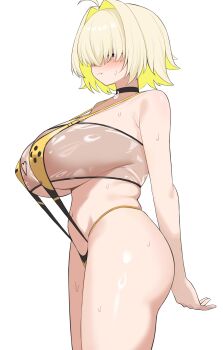 1girl :3 ahoge areola_slip arm_behind_back armpit_crease bare_arms bare_shoulders black_choker black_slingshot_swimsuit blonde_hair blush breasts choker closed_mouth clothing_cutout colored_inner_hair commentary covered_erect_nipples cowboy_shot elegg_(boom_and_shock)_(nikke) elegg_(nikke) fang fang_out from_side game_controller_print goddess_of_victory:_nikke hair_intakes hair_over_eyes half-closed_eye heart_cutout highres huge_breasts looking_at_viewer multicolored_hair navel official_alternate_costume one_eye_covered pendant_choker print_slingshot_swimsuit purple_eyes rabbit_choker ring_light_reflection see-through_slingshot_swimsuit short_hair simple_background slingshot_swimsuit smile solo standing stomach strap_gap sweat swimsuit tokishirazu two-tone_slingshot_swimsuit underboob white_background yellow_slingshot_swimsuit