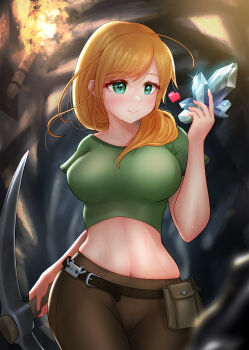 absurdres alex_(minecraft) belt blonde_hair breasts cave crop_top crystal curvy floating_hair green_eyes green_shirt hair_over_shoulder heart highres holding holding_crystal holding_pickaxe looking_at_object low_poly medium_breasts midriff minecraft minecraft_pickaxe navel pants pickaxe shirt short_sleeves smile stomach sweat sweaty_clothes swept_bangs syzne torch underground utility_belt walking