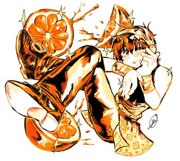 1boy blush food fruit full_body hair_between_eyes hairband hashtag-only_commentary highres jojo_no_kimyou_na_bouken juice limited_palette looking_at_viewer luen24755844 male_focus miniskirt narancia_ghirga orange_(fruit) orange_slice orange_theme pants shirt shoes short_hair signature sitting skirt sleeveless sleeveless_shirt smile solo sparkle vento_aureo white_background wristband