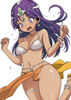 1girl anklet bikini blush bracelet breasts choker cleavage collarbone dancer dark_skin dragon_quest dragon_quest_iv earrings harem_outfit highres jewelry long_hair looking_down medium_breasts minea_(dq4) muramasa_mikado open_mouth orange_sandals pelvic_curtain purple_eyes purple_hair sandals silver_thighlet square_enix standing standing_on_one_leg surprised sweat swimsuit thigh_strap thighlet tiara white_background white_bikini wind wind_lift